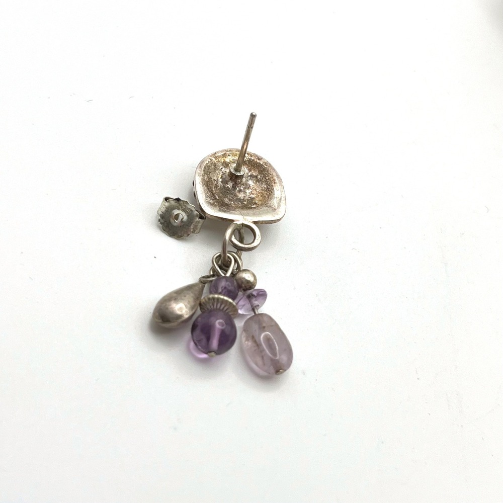 Vintage Sterling Silver Amethyst Brutalist Cluster Drop Earrings Purple Stone - Picture 5 of 6